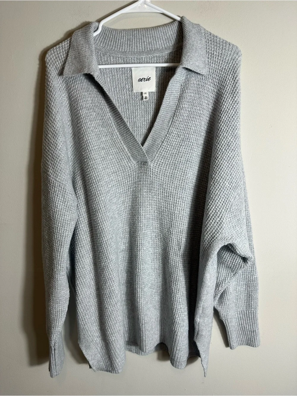 Aerie Cozyup Waffle Knit Polo Sweater Gray Size L - Picture 2 of 9
